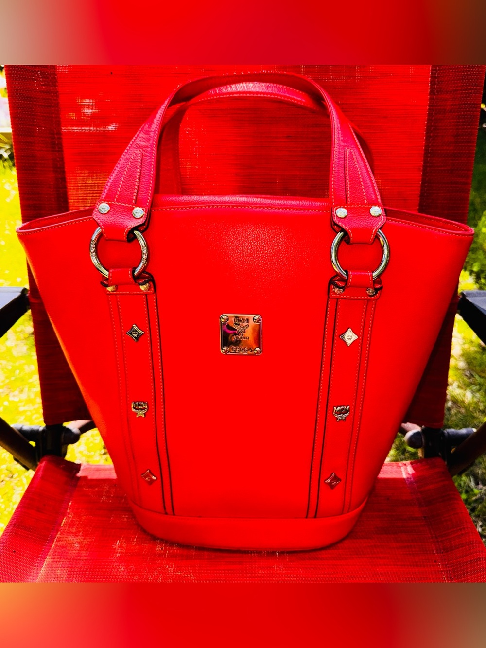 MCM Pebbled Leather Tote • Salmon/Coral • Silver Hardware